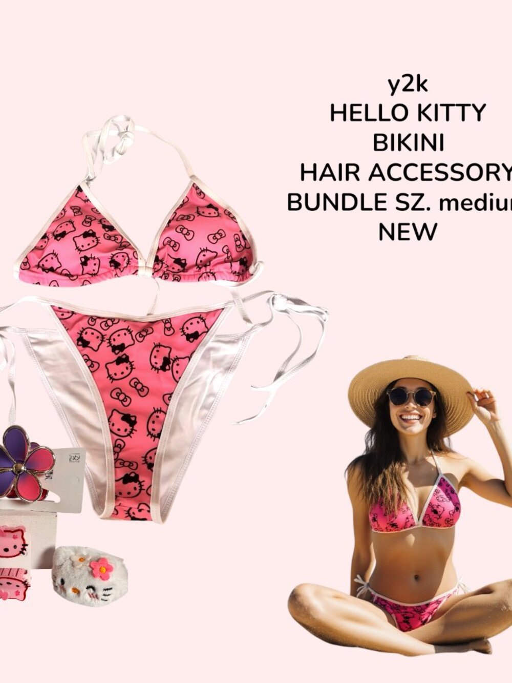 Y2K PINK‎ WHITE HELLO KITTY BIKINI BATHING SUIT HAIR ACESSORY BUNDLE MEDIUM NEW